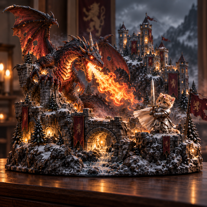 🐉 Knight Cat vs. The Dragon™ – Animated Fire-Breathing Dragon with Flapping Wings | Lighted Fantasy Castle Village