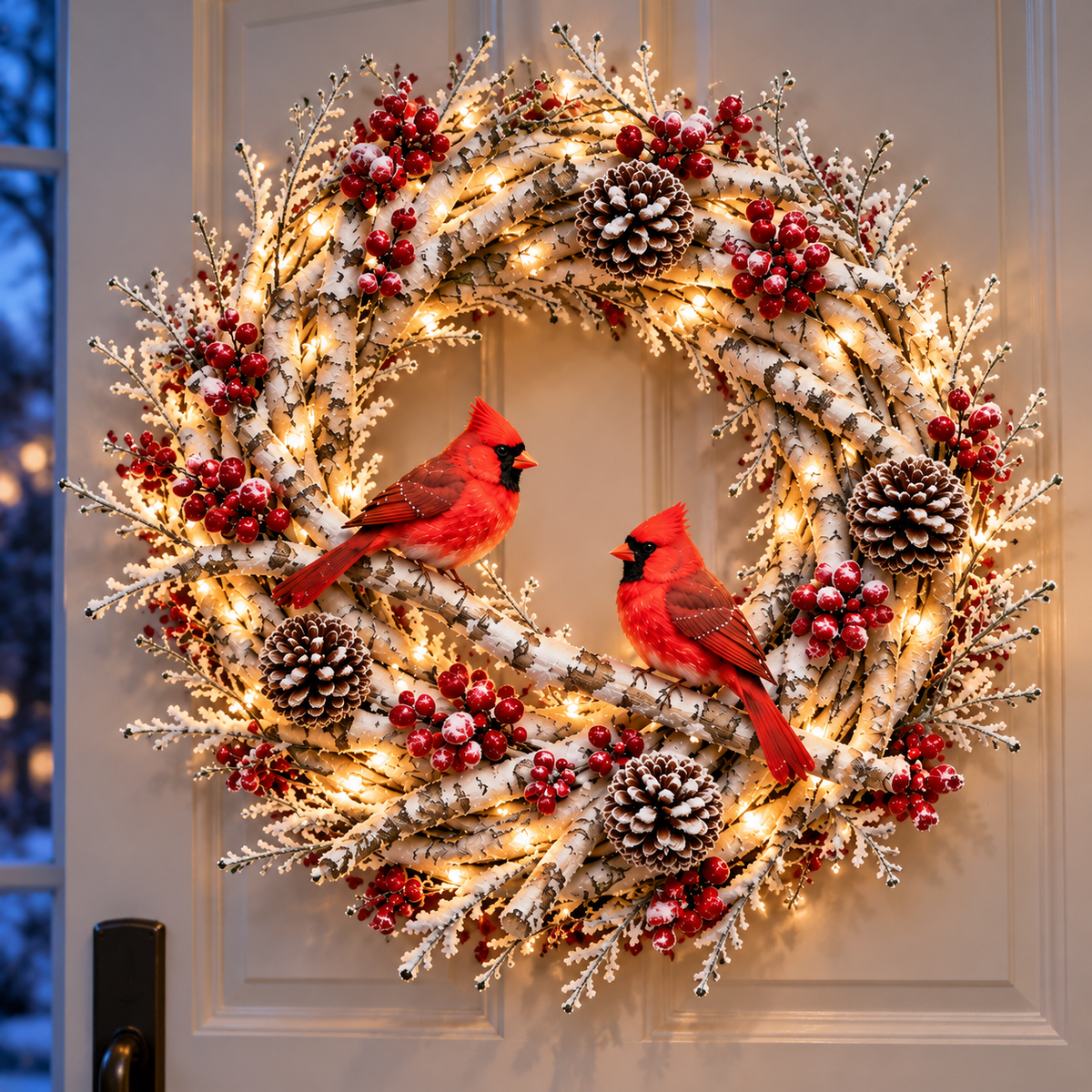 Warm lights illuminating the snowy birch wreath at dusk