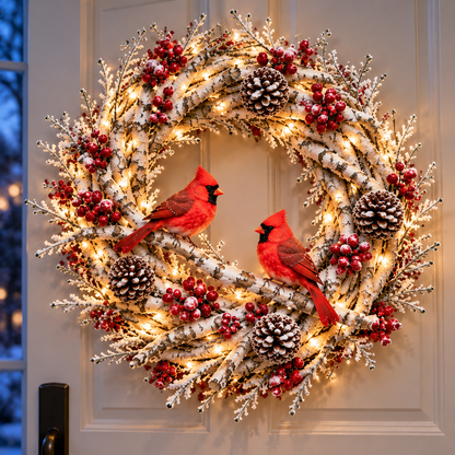 🔥 LAST DAY 49% OFF 🔥 Snowy Birch Cardinal Wreath™ – Lighted Christmas Door Wreath with Paired Red Cardinals, Berries & Pinecones ❤️🎄✨