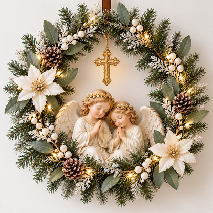 ✝️🕊️ Peace Be With You™ – Lighted Christmas Wreath with Two White Doves, Frosted Olive Branches & Hanging Cross