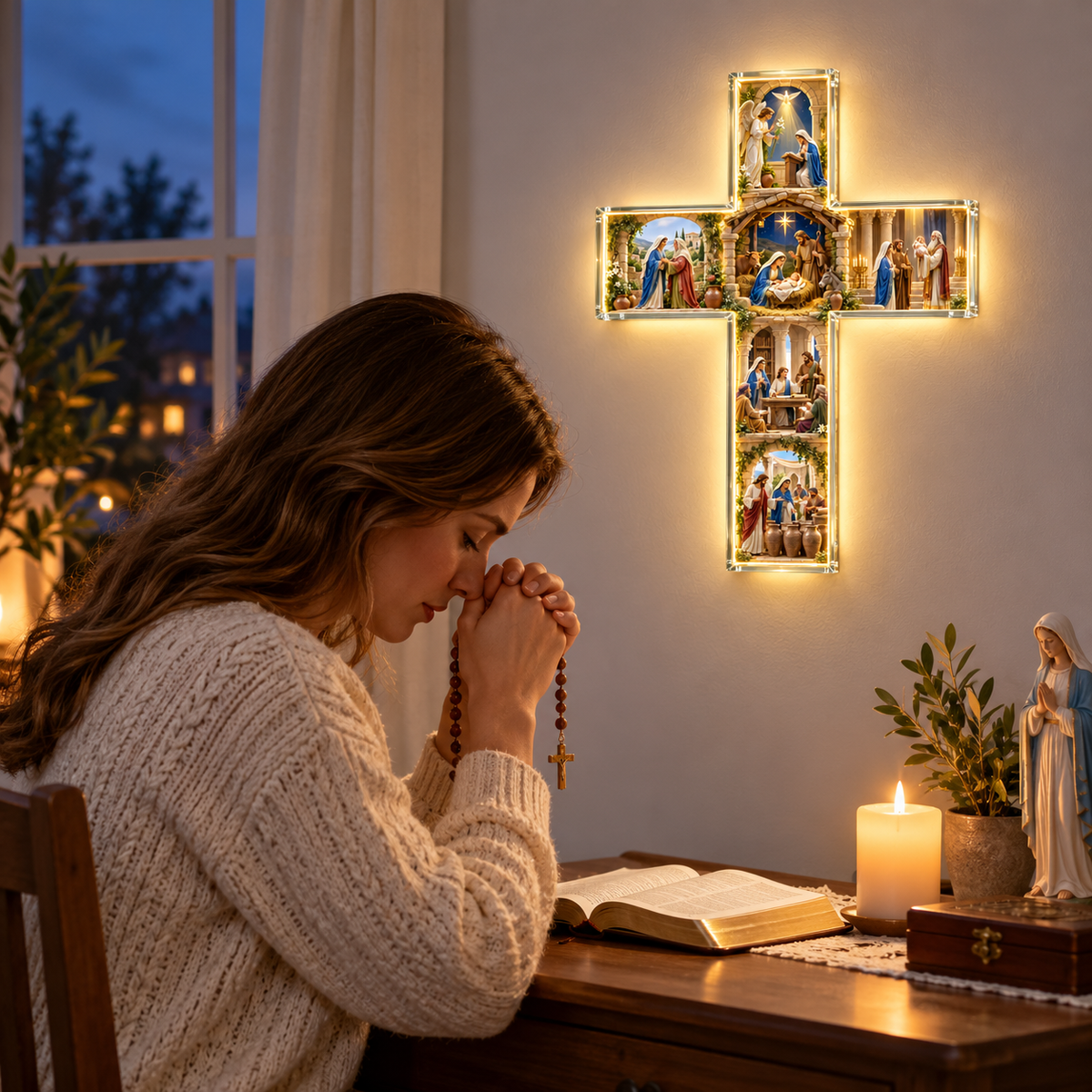 🙏 The Story of Mary™ Illuminated Wall Cross – 6 Sacred Scenes of the Virgin Mary’s Life | Meaningful Catholic Decor & Gift
