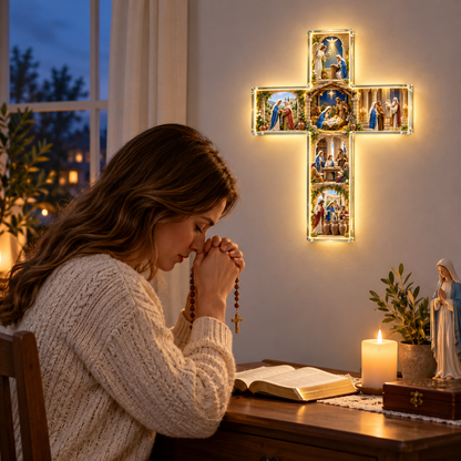 🙏 The Story of Mary™ Illuminated Wall Cross – 6 Sacred Scenes of the Virgin Mary’s Life | Meaningful Catholic Decor & Gift
