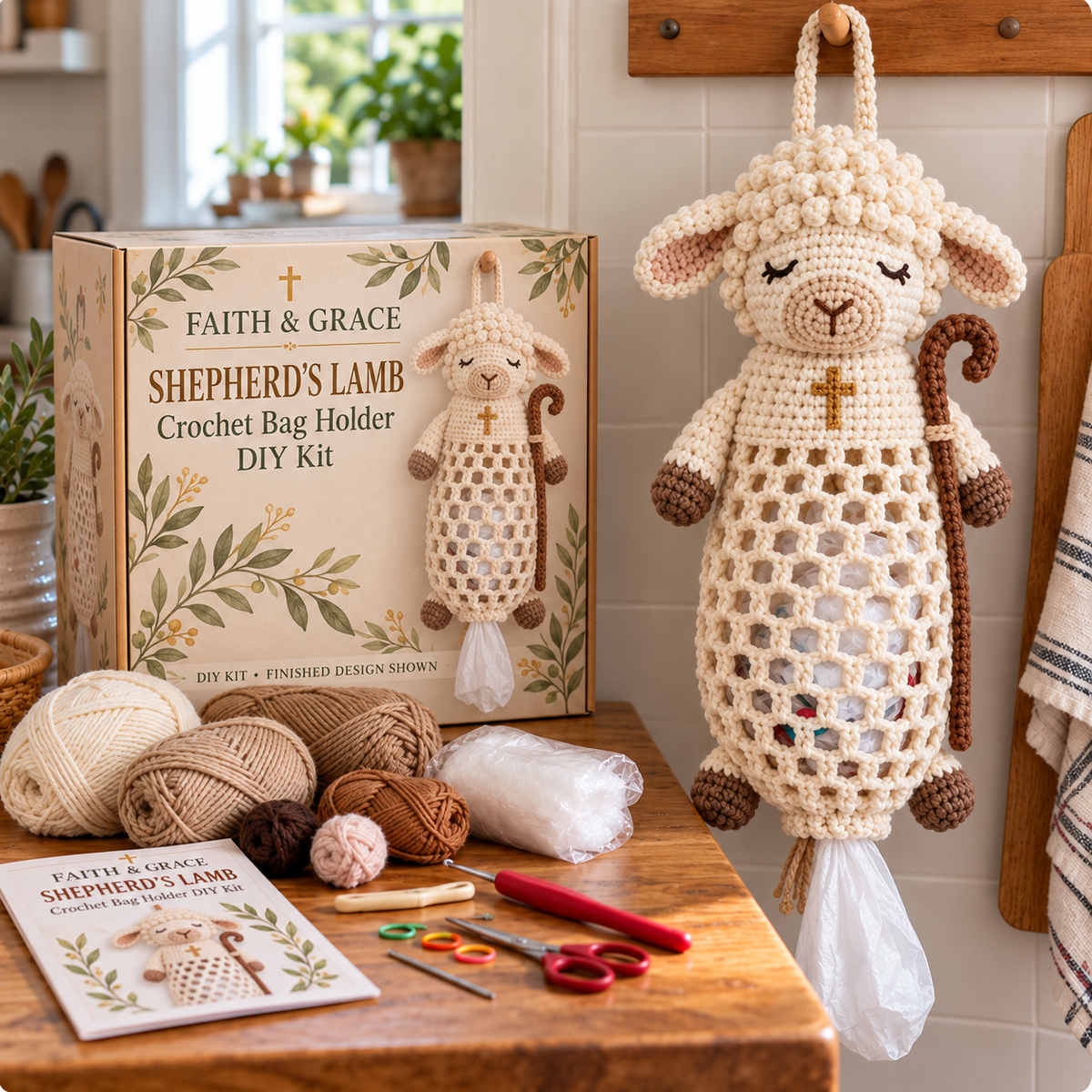 ✝️ Faith & Grace™ Christian Crochet Bag Holder DIY Kit – Hanging Grocery Bag Organizer & Meaningful Craft Gift