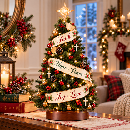 ✝️ Faith Woven Christmas Tree™ – Lighted Christian Christmas Tree with Faith, Hope, Peace, Joy & Love Ribbon 🎄✨