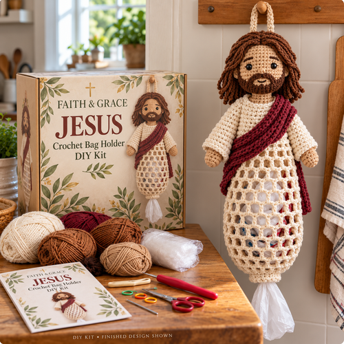 ✝️ Faith & Grace™ Christian Crochet Bag Holder DIY Kit – Hanging Grocery Bag Organizer & Meaningful Craft Gift