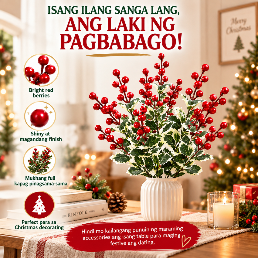 🎄 Christmas Holly Berry Stems – Realistic Red Berries & Variegated Greenery | Artificial Christmas Floral Picks for Vase Arrangements, Table Centerpieces & Festive Home Decor