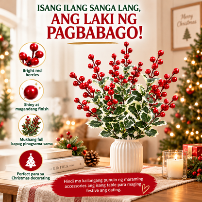 🎄 Christmas Holly Berry Stems – Realistic Red Berries & Variegated Greenery | Artificial Christmas Floral Picks for Vase Arrangements, Table Centerpieces & Festive Home Decor