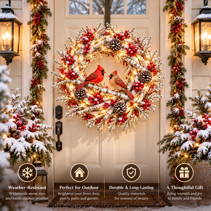 🔥 LAST DAY 49% OFF 🔥 ❤️🐦 Cardinals Together™ – Lighted Snowy Birch Christmas Wreath with Male & Female Cardinals 🎄✨