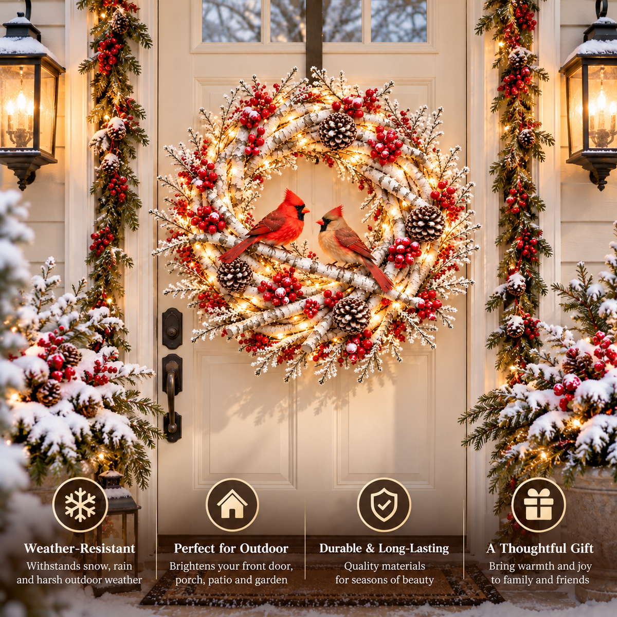 🔥 LAST DAY 50% OFF 🔥❤️🐦 Official Cardinals Together™ – Premium Lighted Snowy Birch Christmas Wreath with Male & Female Cardinals, Berries & Pinecones 🎄✨