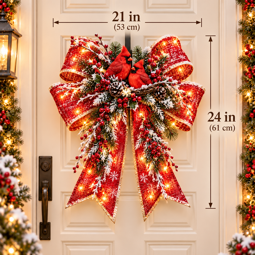 Cardinal Christmas door bow dimensions 21 inches wide and 24 inches tall