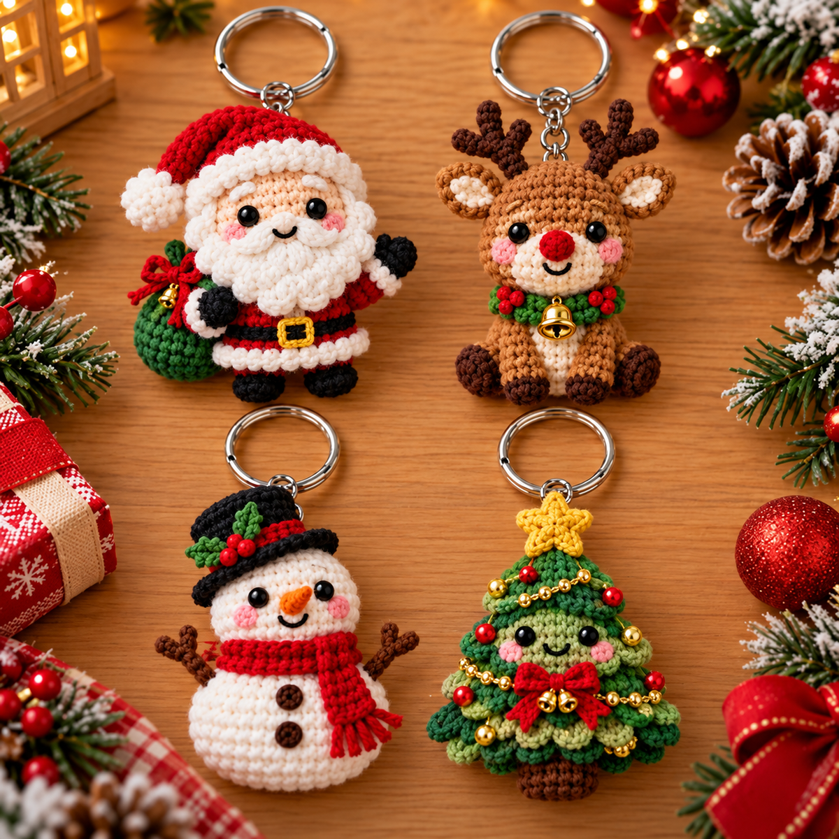 Santa reindeer snowman and Christmas tree crochet keychains