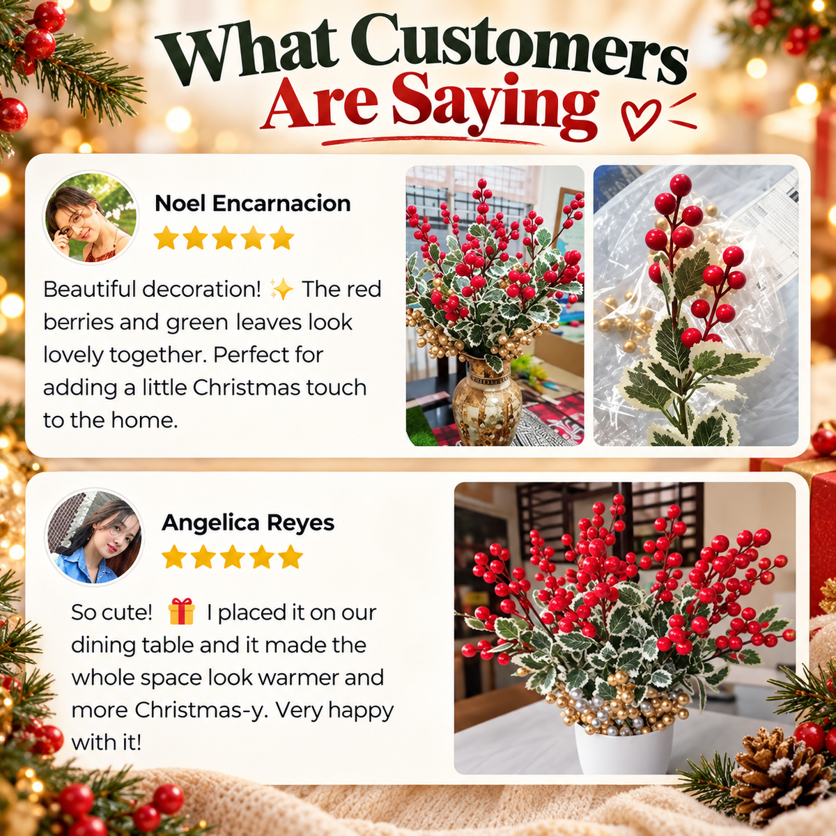 🎄 Christmas Holly Berry Stems – Realistic Red Berries & Variegated Greenery | Artificial Christmas Floral Picks for Vase Arrangements, Table Centerpieces & Festive Home Decor