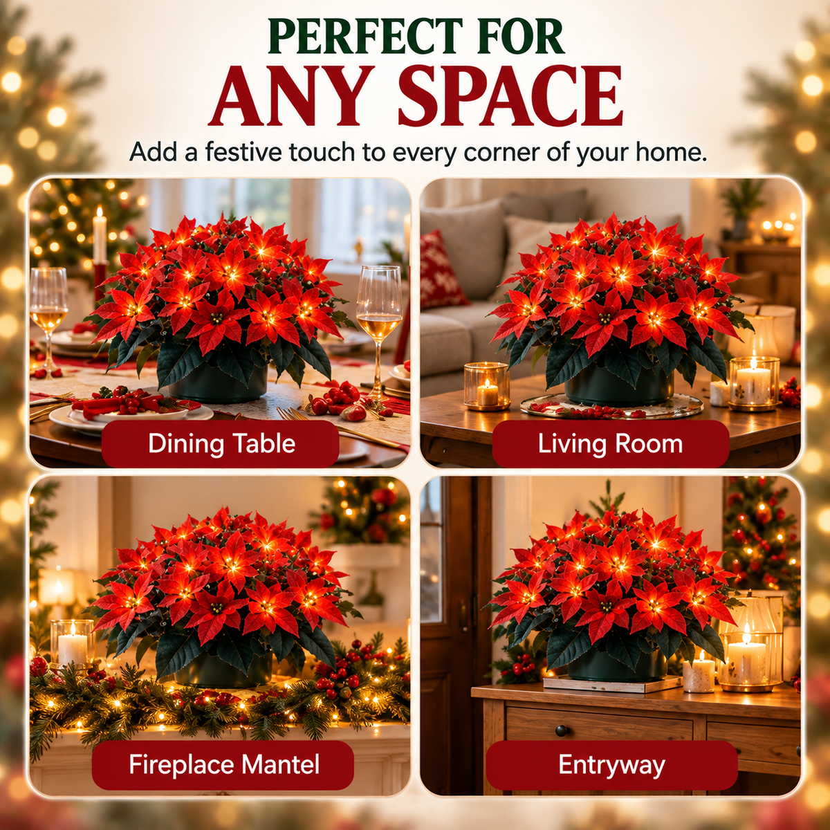 Poinsettia arrangement on table, mantel and entryway