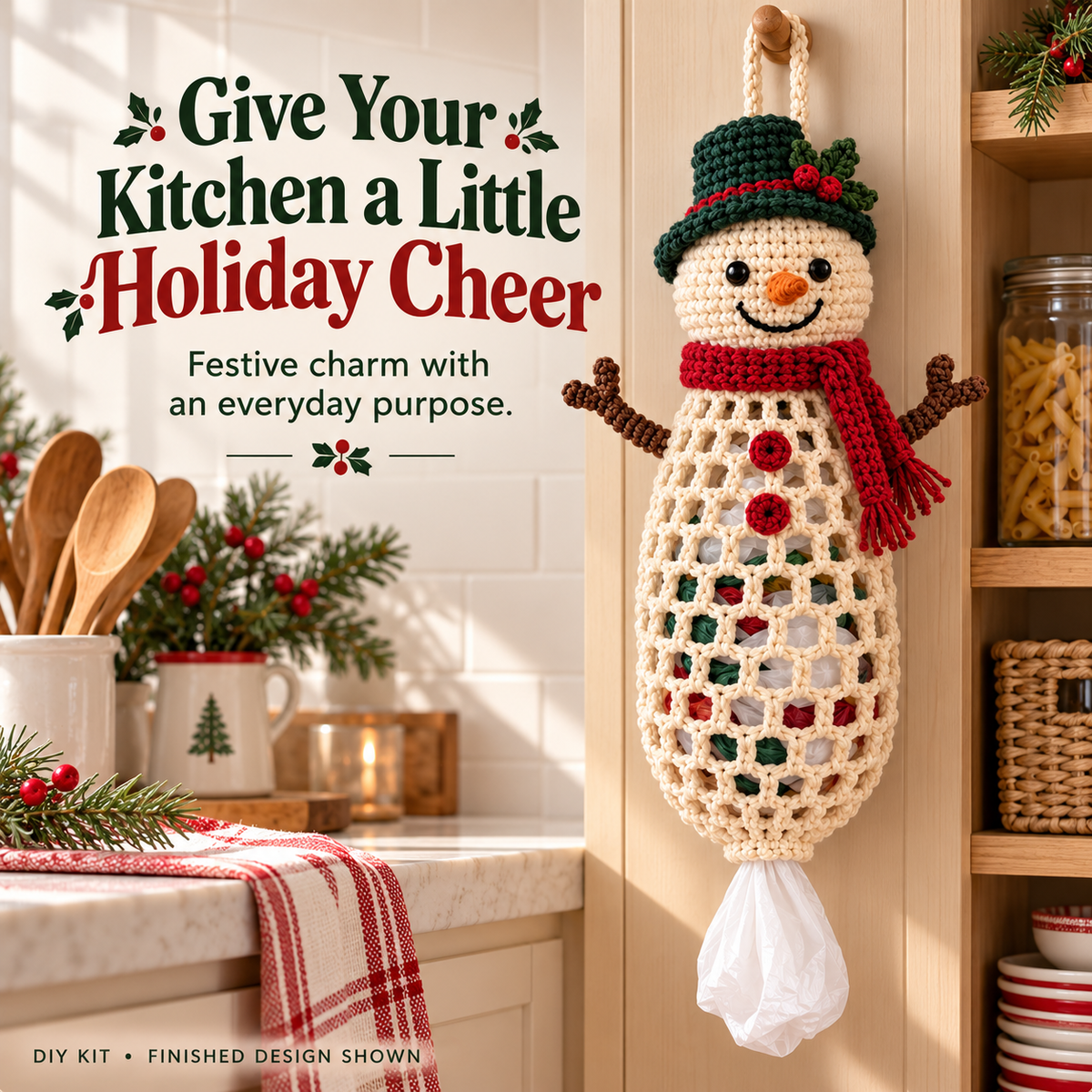 🎄 Christmas Crochet Bag Holder DIY Kit – Festive Hanging Grocery Bag Organizer & Holiday Craft Gift
