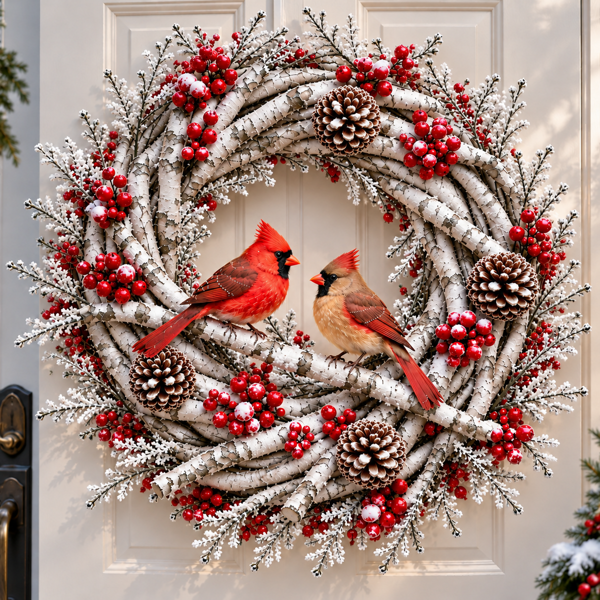 Cardinal wreath displayed in daylight with its decorative lights switched off