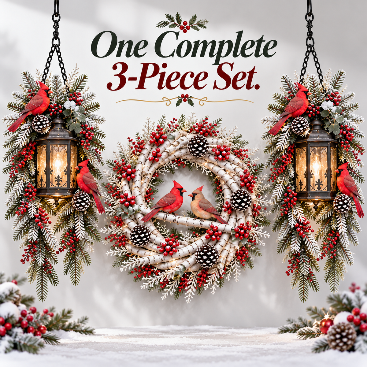 🐦❤️ Cardinals Welcome Home™ – 3-Piece Lighted Christmas Porch Decor Set | 20" Snowy Birch Wreath & 2 Hanging Cardinal Lanterns 🎄