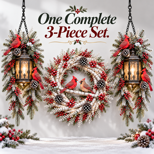 🐦❤️ Cardinals Welcome Home™ – 3-Piece Lighted Christmas Porch Decor Set | 20" Snowy Birch Wreath & 2 Hanging Cardinal Lanterns 🎄