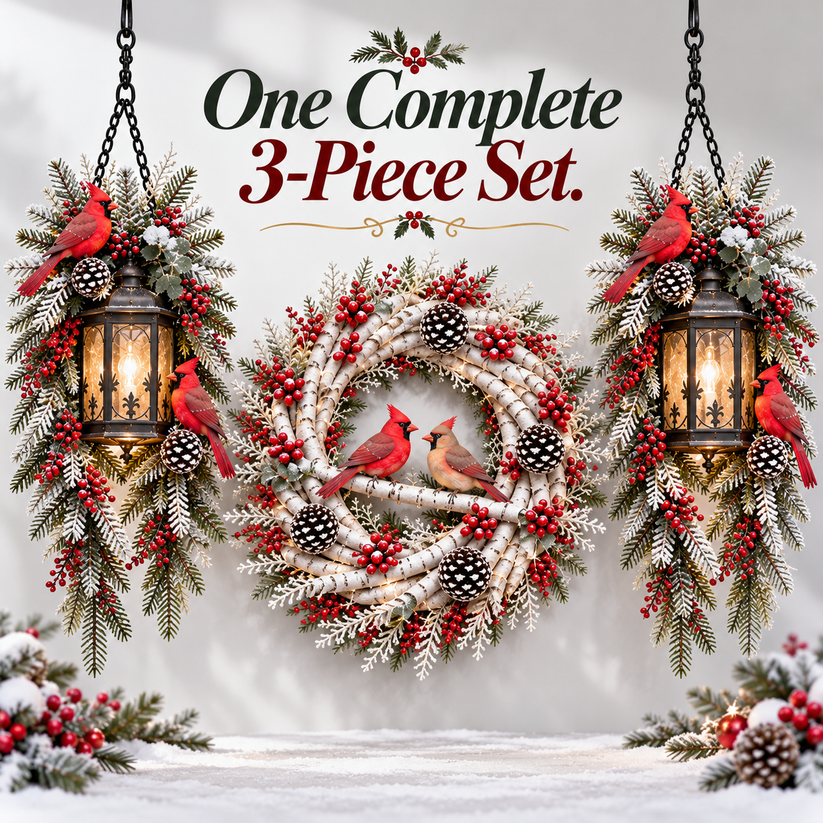 Complete Christmas decoration bundle one snowy birch cardinal wreath and two matching illuminated hanging cardinal lanterns