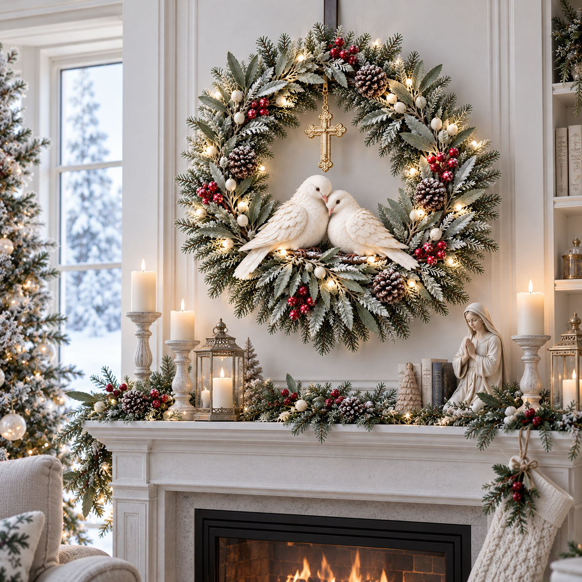 ✝️🕊️ Peace Be With You™ – Lighted Christmas Wreath with Two White Doves, Frosted Olive Branches & Hanging Cross