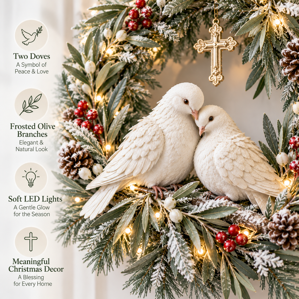 ✝️🕊️ Peace Be With You™ – Lighted Christmas Wreath with Two White Doves, Frosted Olive Branches & Hanging Cross