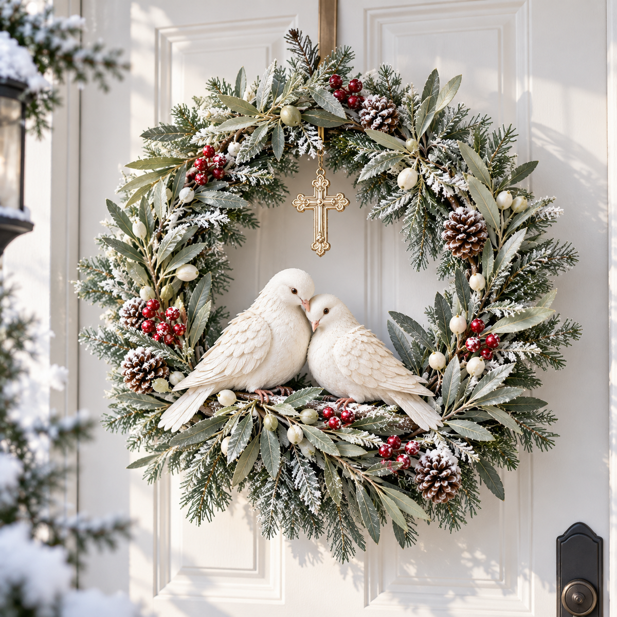 ✝️🕊️ Peace Be With You™ – Lighted Christmas Wreath with Two White Doves, Frosted Olive Branches & Hanging Cross