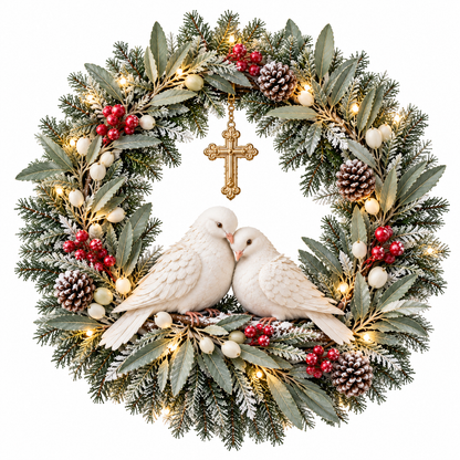 ✝️🕊️ Peace Be With You™ – Lighted Christmas Wreath with Two White Doves, Frosted Olive Branches & Hanging Cross