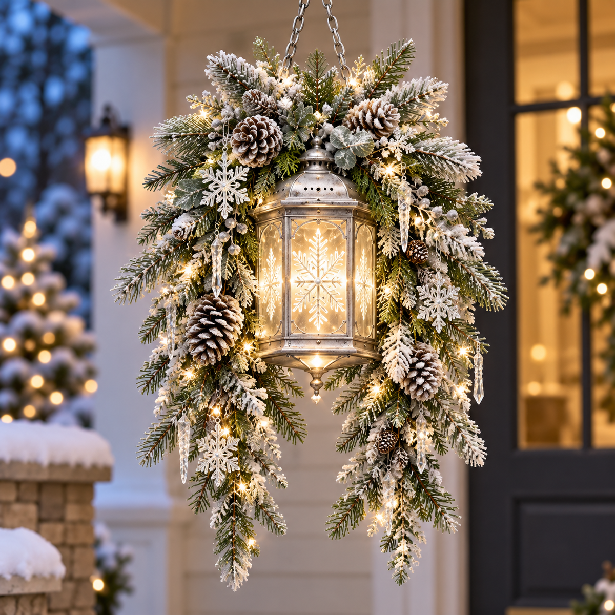 Classic Crimson Bow Christmas hanging lantern with cascading greenery and a glowing center