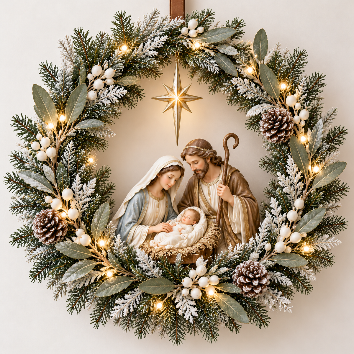 ✝️🕊️ Peace Be With You™ – Lighted Christmas Wreath with Two White Doves, Frosted Olive Branches & Hanging Cross
