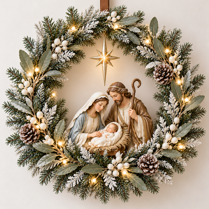 ✝️🕊️ Peace Be With You™ – Lighted Christmas Wreath with Two White Doves, Frosted Olive Branches & Hanging Cross