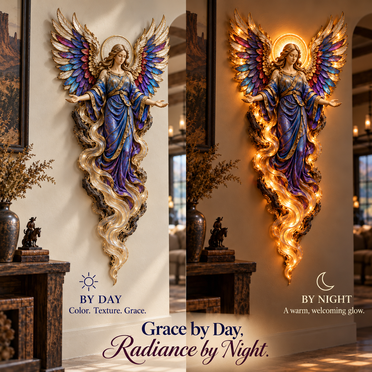 Lighted angel wall sculpture beside dining area