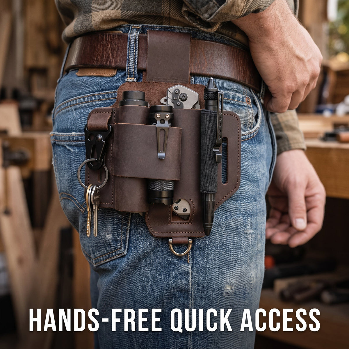 Genuine Cowhide Leather EDC Belt Organizer - Multitool, Flashlight & Key Holster Sheath