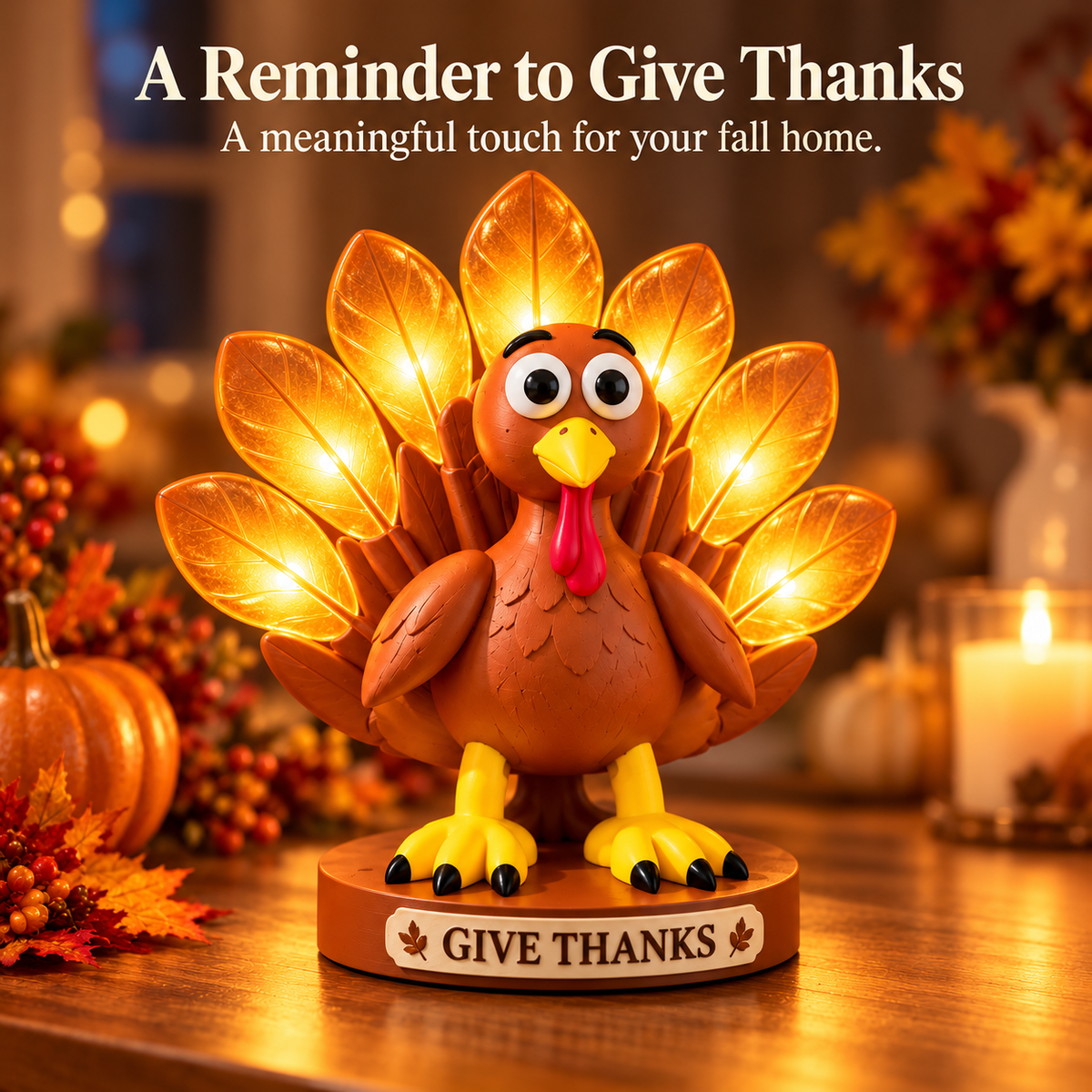 🦃 Give Thanks Turkey Lamp – Glowing Feather Table Light for Cozy Fall & Thanksgiving Decor