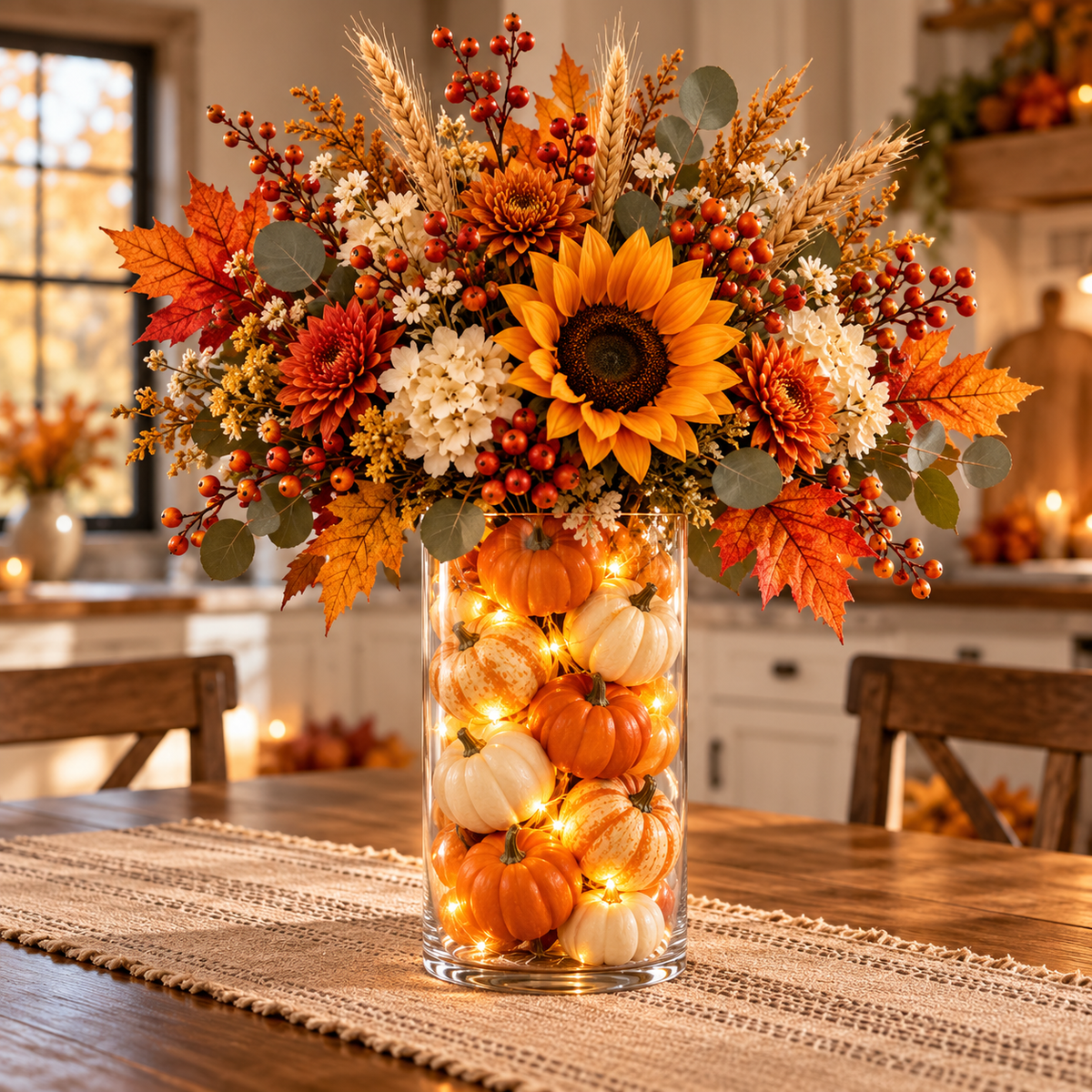 Harvest Glow Tower™ – Lighted Pumpkin & Sunflower Fall Centerpiece