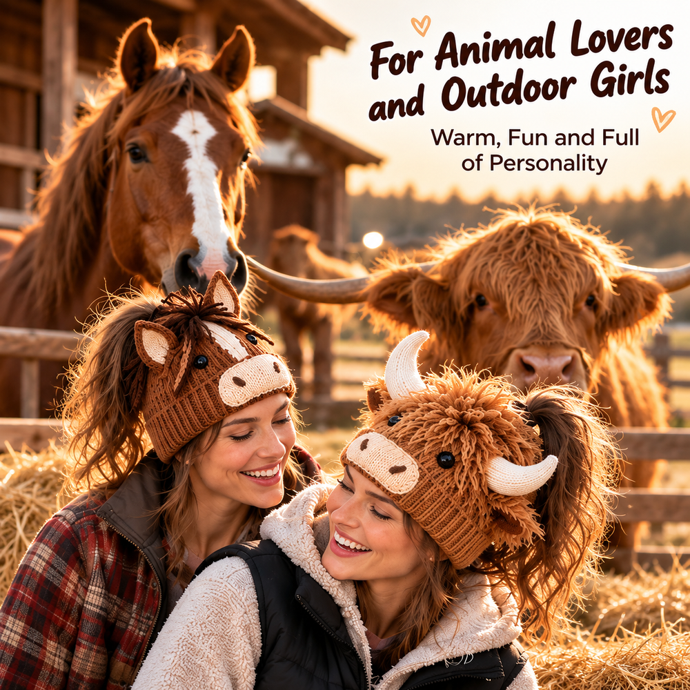 Two women wearing Highland Cow and Horse winter hats on a farm
