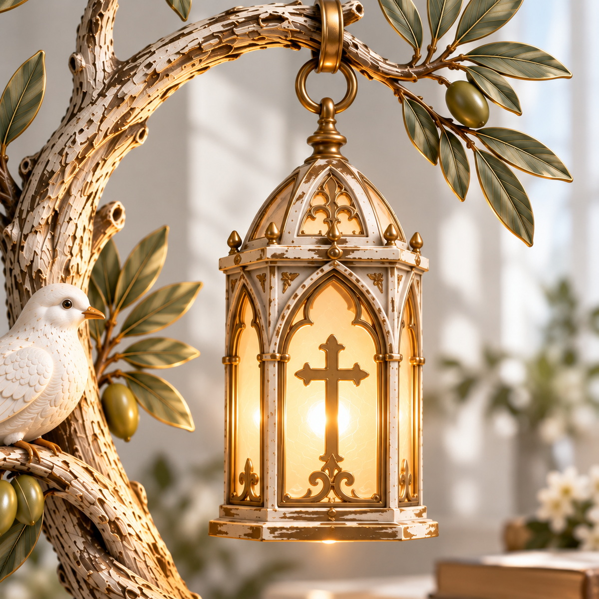 Promise of Peace™ – Lighted Olive Tree with White Dove & Hanging Cross Lantern | Christian Faith Home Decor 🕊️✨