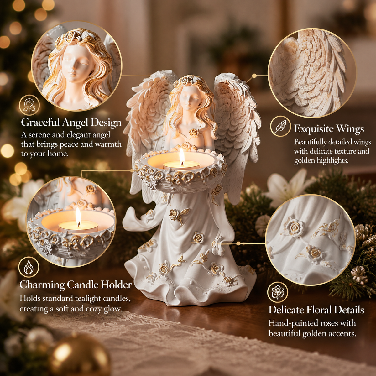 🕊️ Angel’s Embrace™ – Elegant Winged Angel Candle Holder with Golden Floral Details