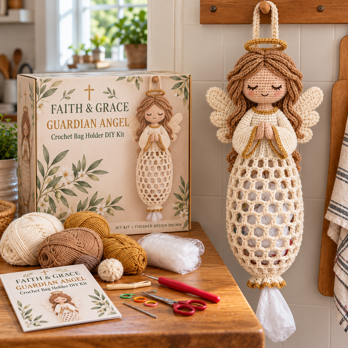 ✝️ Faith & Grace™ Christian Crochet Bag Holder DIY Kit – Hanging Grocery Bag Organizer & Meaningful Craft Gift