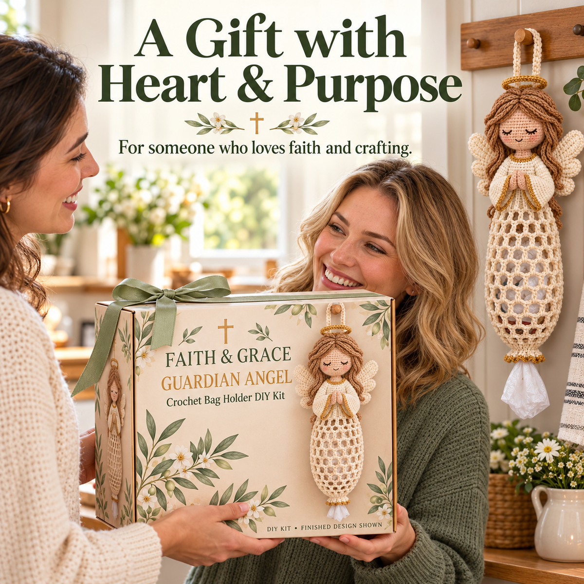 ✝️ Faith & Grace™ Christian Crochet Bag Holder DIY Kit – Hanging Grocery Bag Organizer & Meaningful Craft Gift