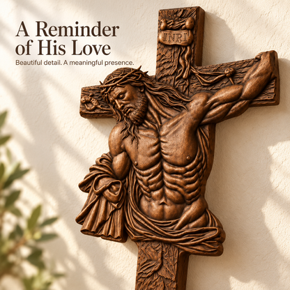 ✝️ Hand-Carved Beech Wood Crucifix – Jesus Christ Wall Cross with Intricate Relief Details | A Meaningful Reminder of His Love & Christian Faith Gift
