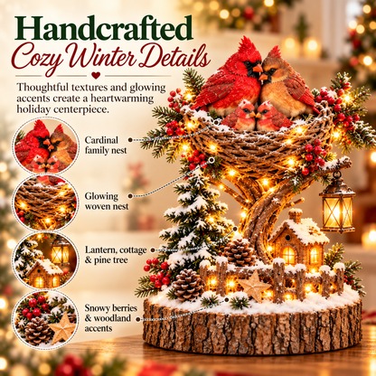 ❤️🐦 Cardinal Family Christmas Nest™ – Lighted Snowy Pine Tree with 4 Cardinals, Cozy Cottage & Lantern | Christmas Tabletop Decoration 🎄✨