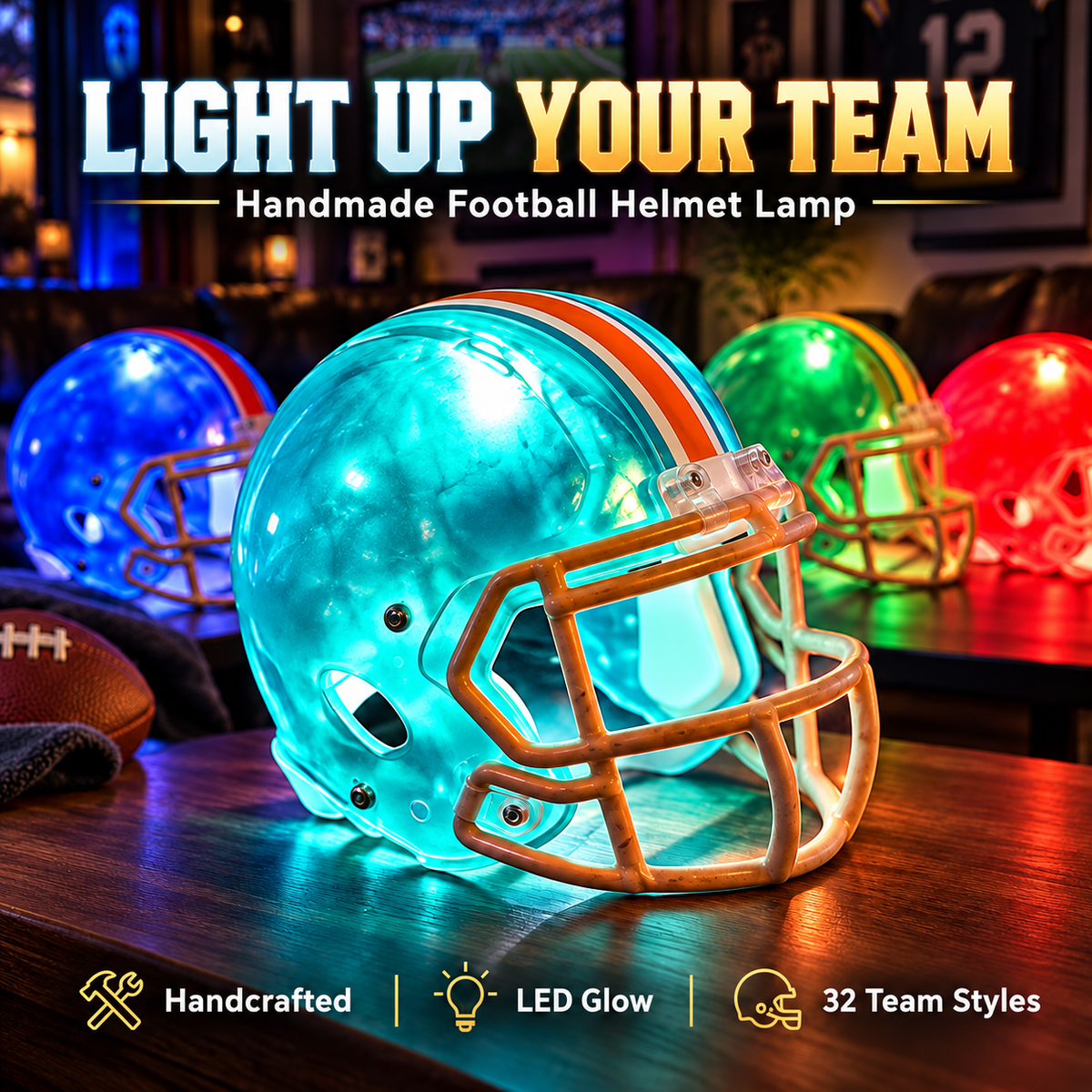 🔥 Handmade Football Helmet Lamp – LED Team Fan Cave Light with 32 Team Styles