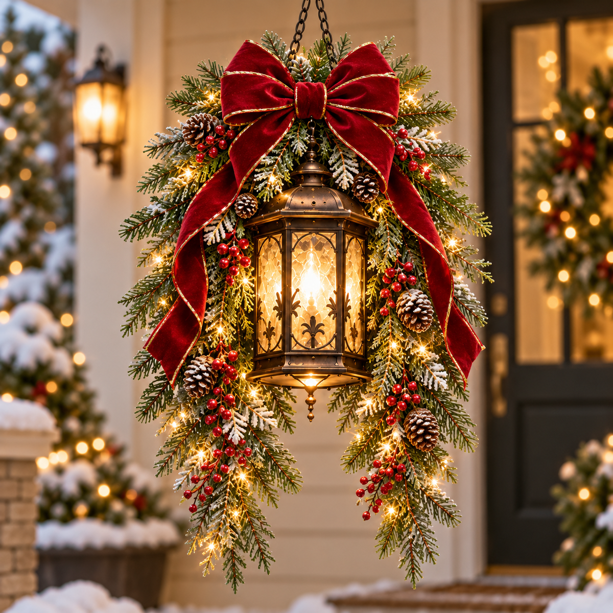 Two matching red bow Christmas lanterns framing a doorway as a woman admires the festive display