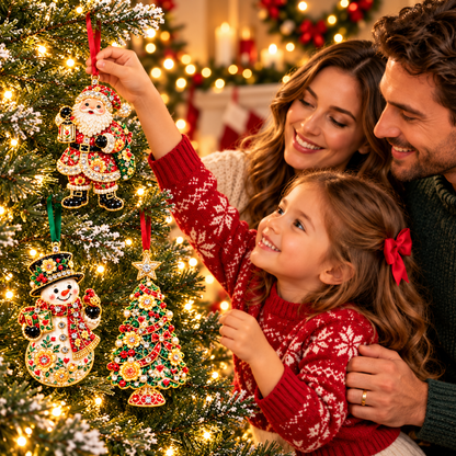 🎄 Jeweled Christmas Trio™ – Santa, Snowman & Christmas Tree Enamel Ornament Set of 3