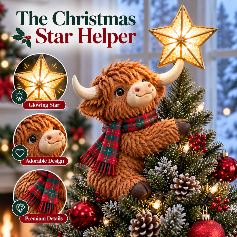 Highland cow lifting a glowing Christmas star