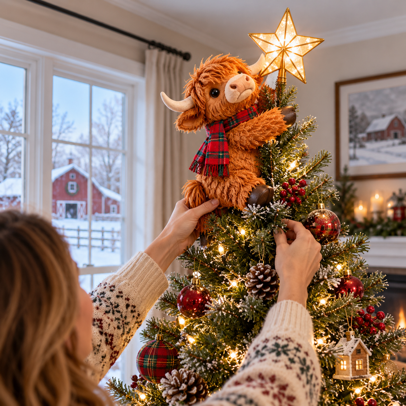 Highland Cow Star Helper positioned on a Christmas tree