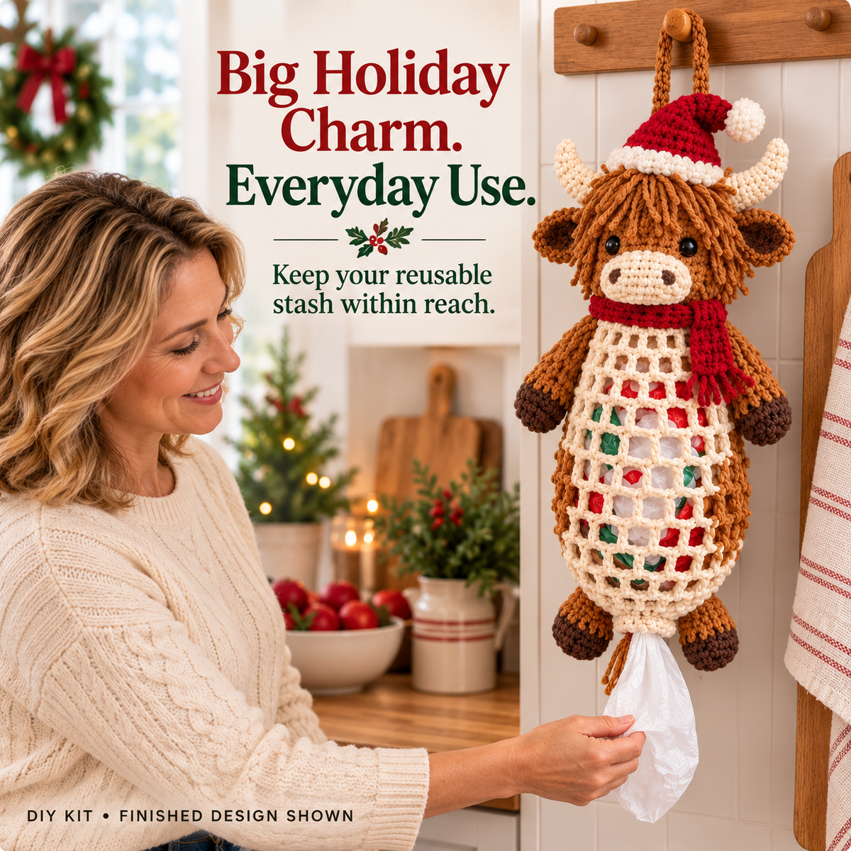 🎄 Christmas Crochet Bag Holder DIY Kit – Festive Hanging Grocery Bag Organizer & Holiday Craft Gift