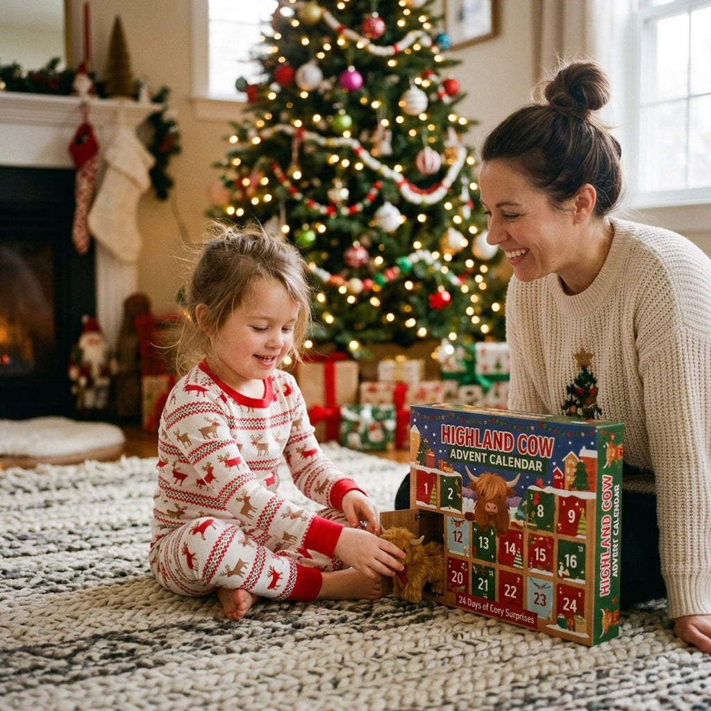 Family sharing a Highland cow Advent calendar moment beside the Christmas tree