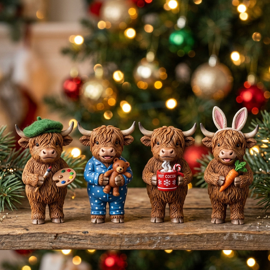 Detailed Highland cow figurines displayed on a wooden shelf with Christmas lights