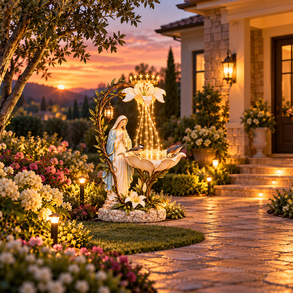 Blessed Mother Lilyfall™ – Lighted Marian Garden Birdbath with Cascading LED Glow