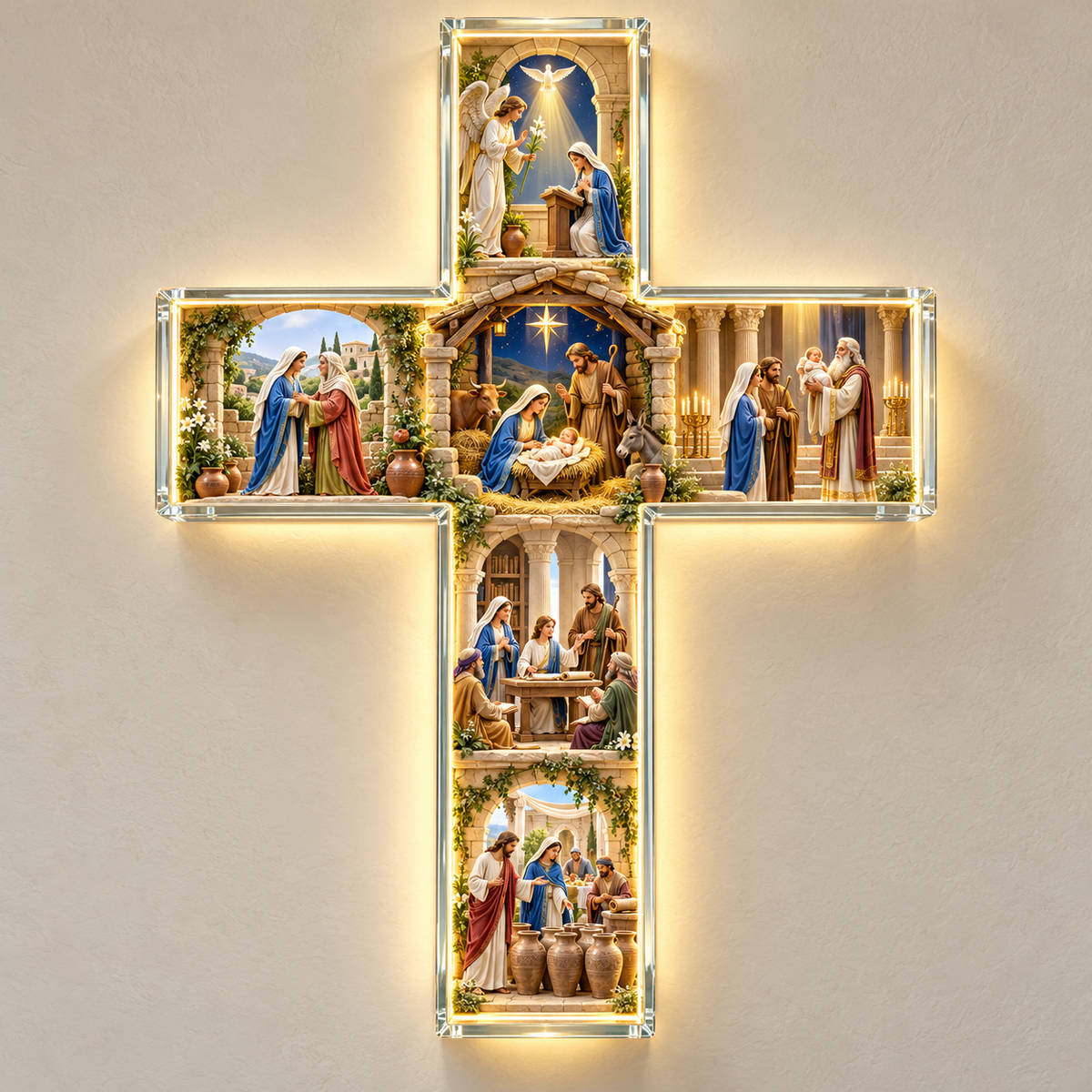 🙏 The Story of Mary™ Illuminated Wall Cross – 6 Sacred Scenes of the Virgin Mary’s Life | Meaningful Catholic Decor & Gift